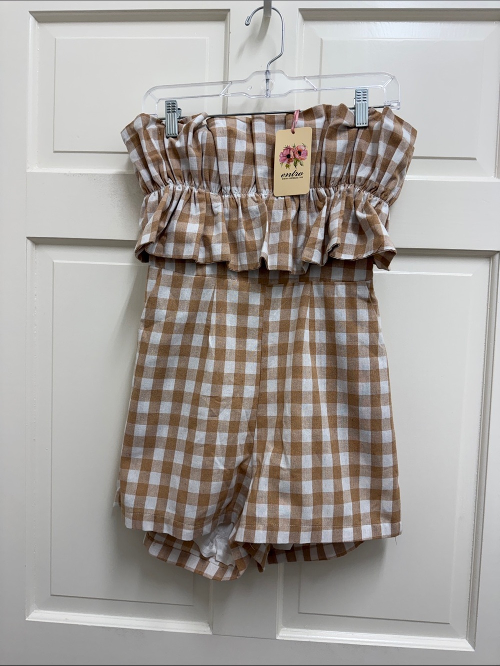 Entro  Tan and White Gingham Strapless Ruffle Romper
